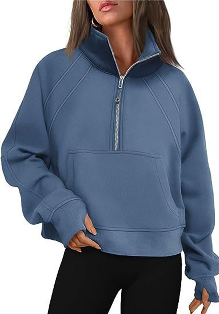 Autumn and Winter Women's Half-Zip Short Stand Collar Plush Solid Color Top
