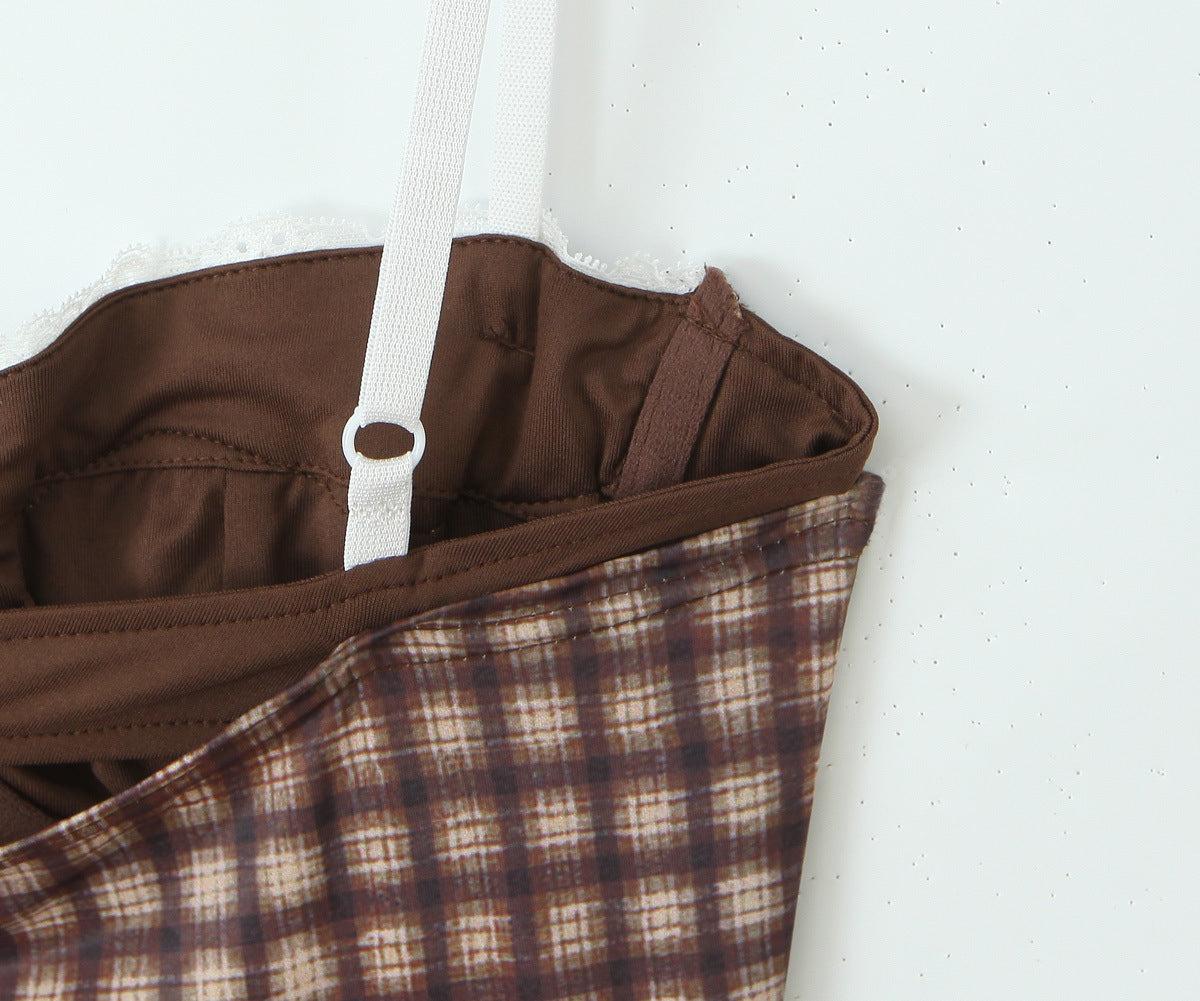 Cami Top and Low-Waist Bodycon Skirt Plaid Lace Patchwork Set 13