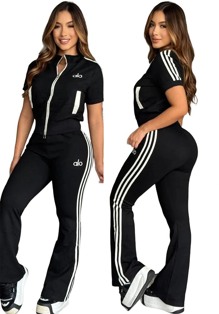 Autumn Women's Patchwork Ribbed Color Block Loose Casual Two-Piece Pants Set