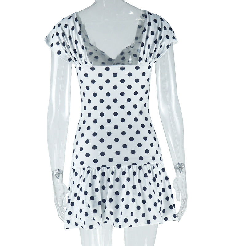 Women's fashion polka dot print sexy hollow off-shoulder short-sleeved casual bubble dress 7