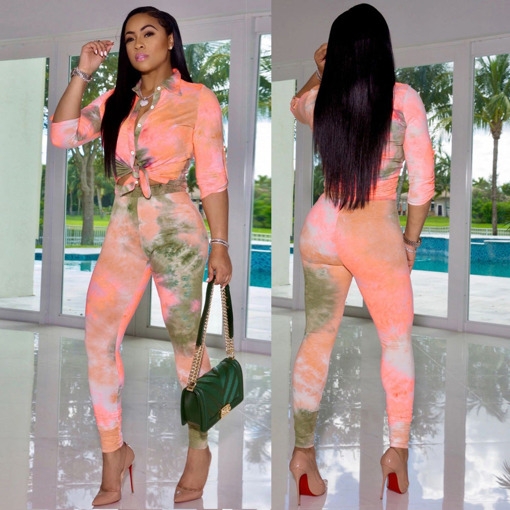 Women printed Turndown Collar shirt and Pants Two-piece Set 11