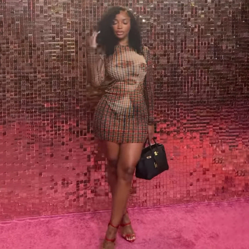 Women's Autumn Slim Fit Check Print Long Sleeve Bodycon Short Dress 5