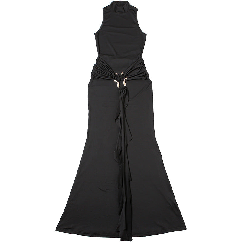 Fashion Women's Solid Color Semi-Turtleneck Metal Button Sleeveless Slim Sexy Dress 16