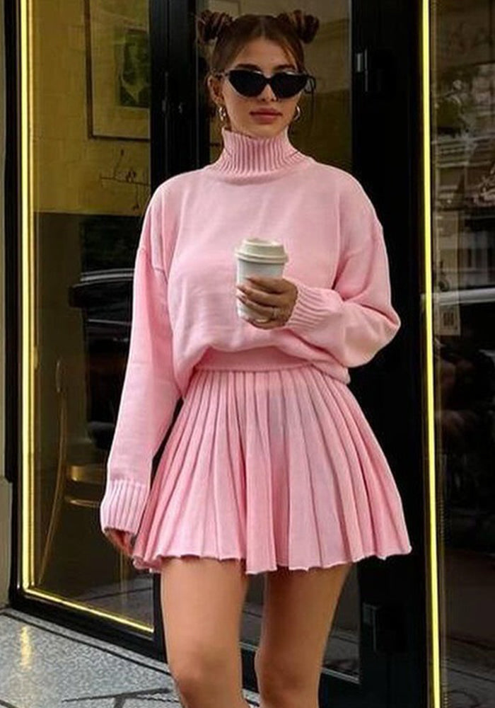 College Style Outfit Solid Color Turtleneck Knitting Long-Sleeved Top Pleated Skirt Two-Piece Set