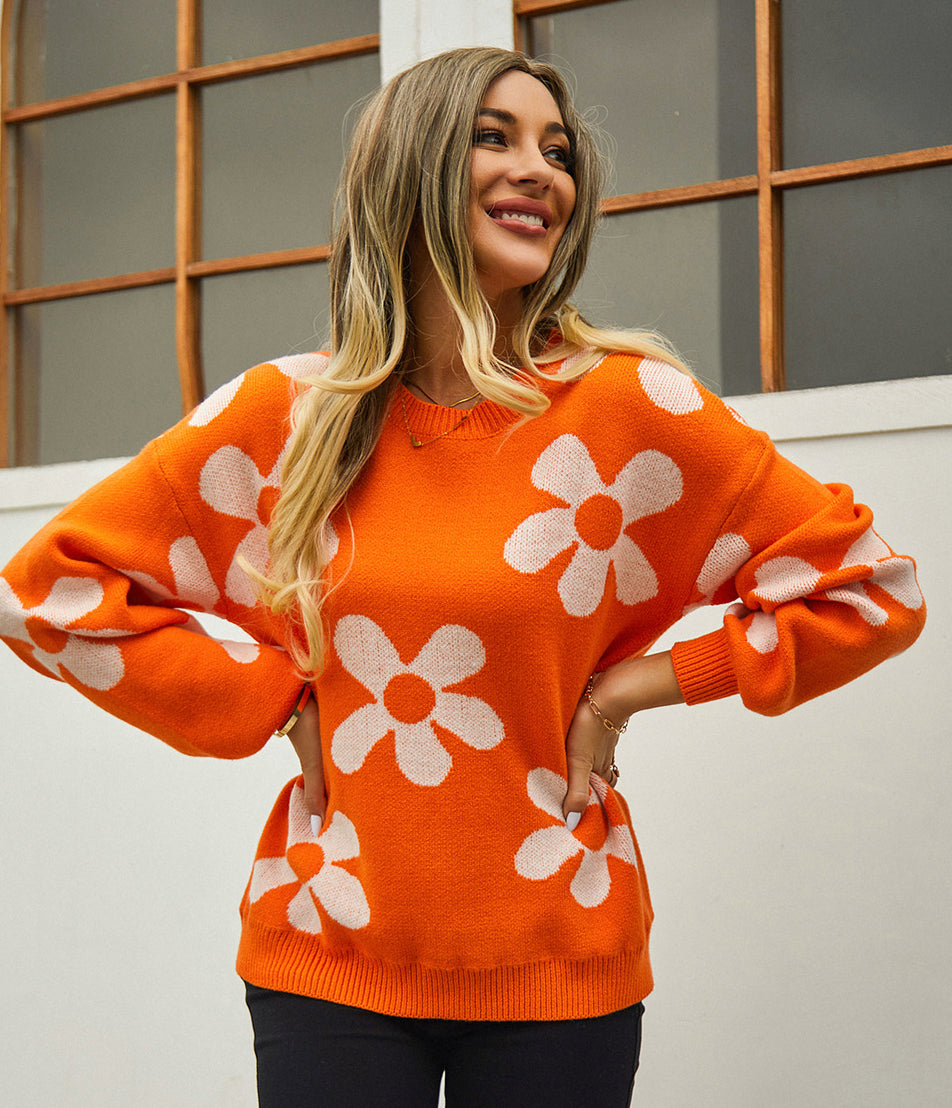 Autumn and winter women's printed sweater pullover flower plus size sweater 21