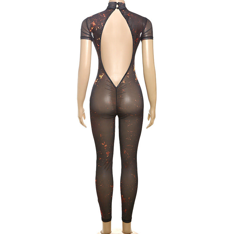 Women Summer Street Trend Mesh See-Through Print Backless Jumpsuit 13