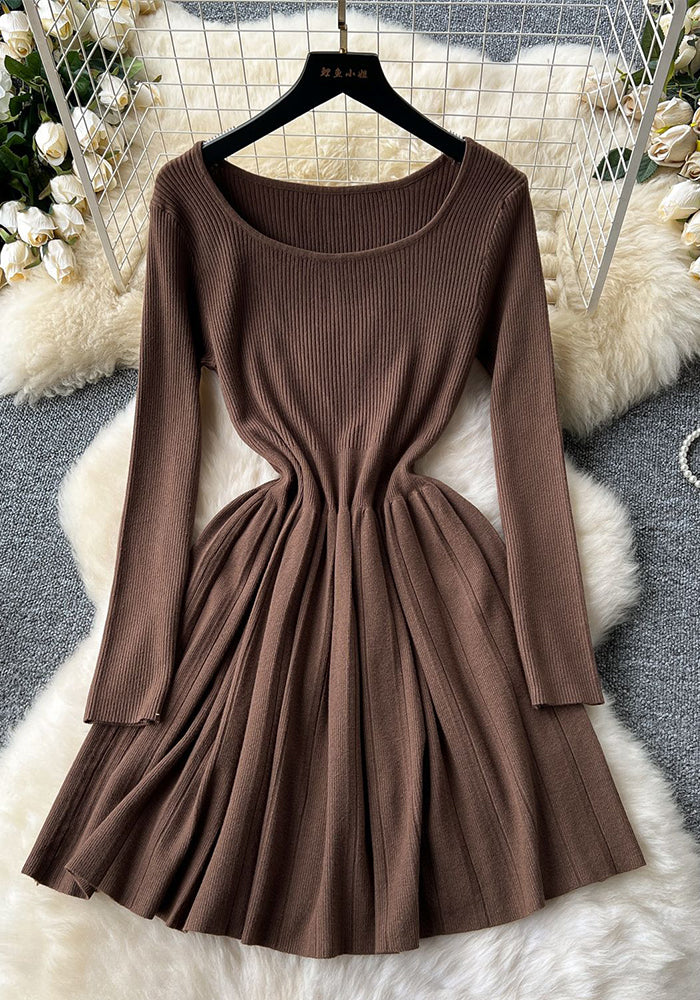 Square Neck Long Sleeve Knitting Dress Slim Waist Slim Fit Pleated Sweater Dress