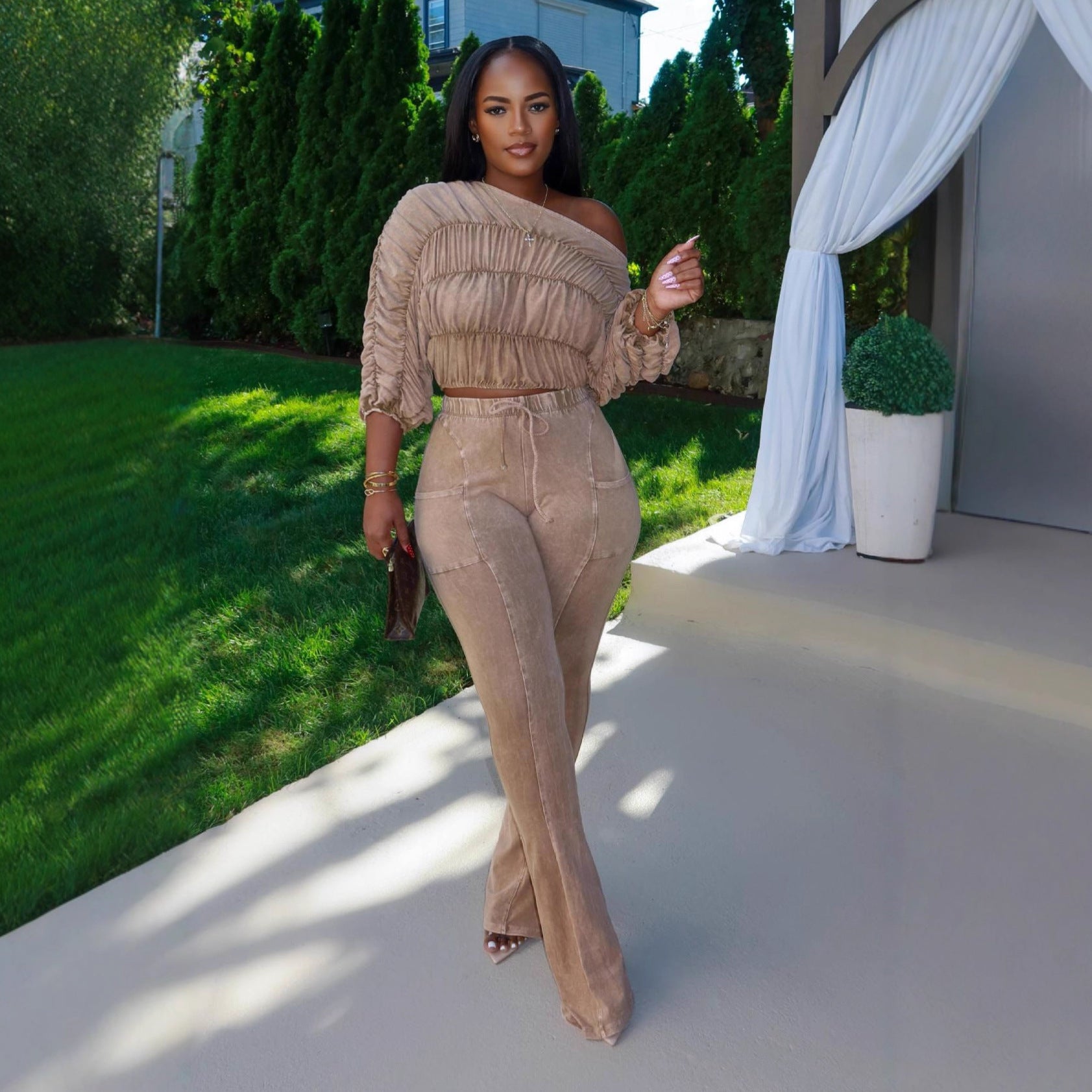 Women's Sexy Crop Top Slim-Fitting Flared Pants Two-Piece Set 6