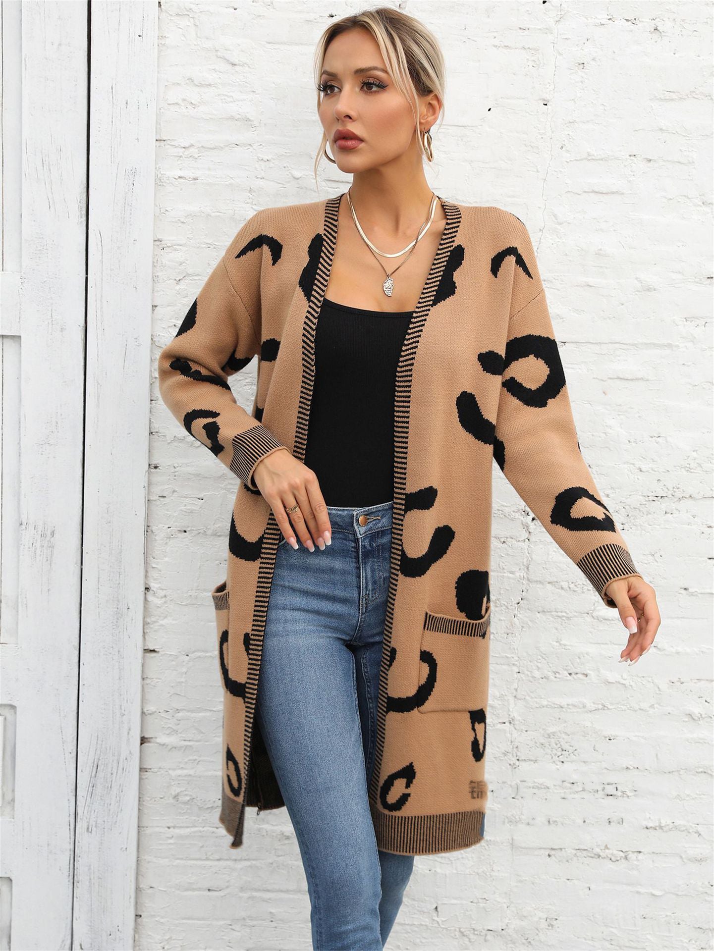 Plus Size Women Fall and Winter Leopard Knitting Cardigan Sweater 17