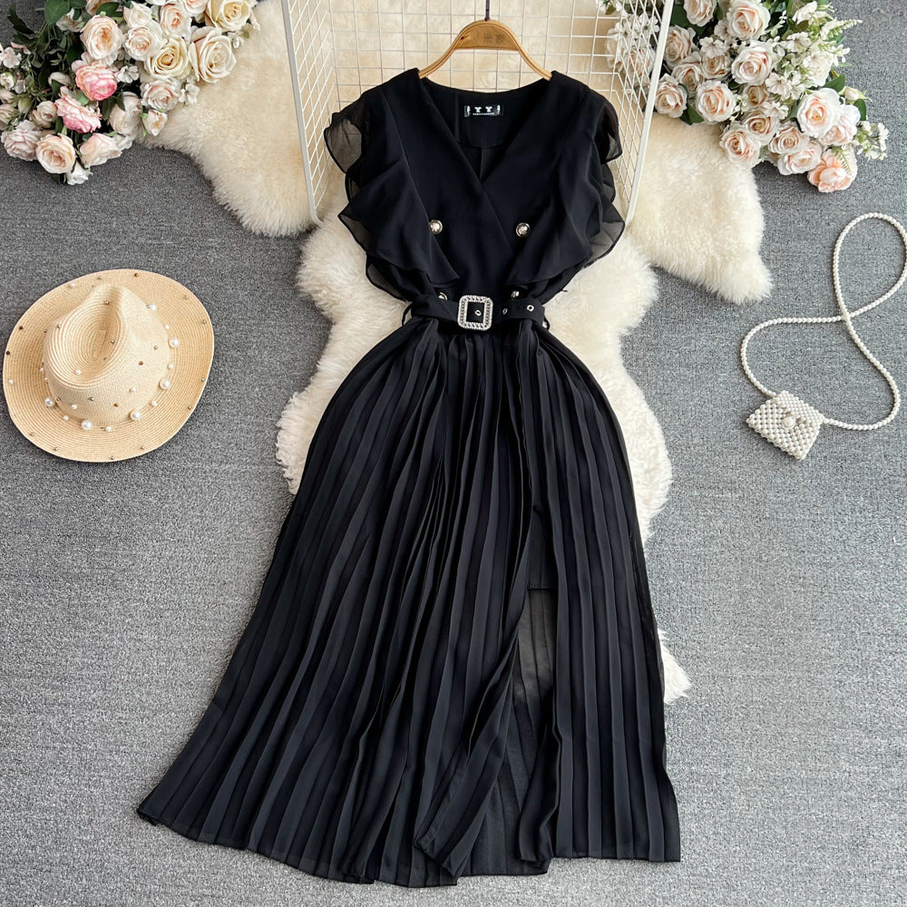 Women Contrast Color Flying Sleeve Collar Slit Pleated Dress 14