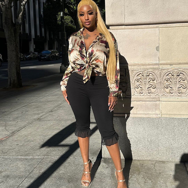 Women's Spring and Summer Ruffled V Waist Solid Color Elastic 7-point Casual Pants 26