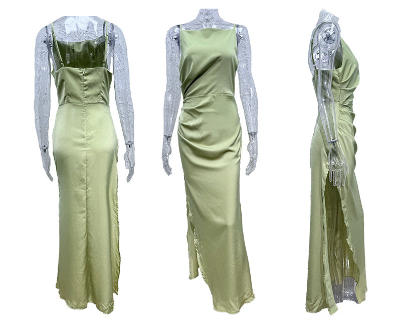 Women Solid Sexy Backless Slit Sleeveless Strap Dress 17