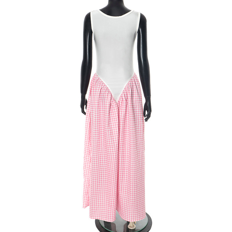 Solid Color Patchwork Plaid Print Sleeveless Loose Long Dress 10