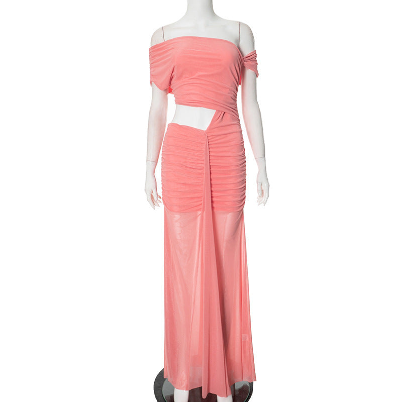 Spring Elegant Solid Color Slash Shoulder Sleeveless Long Dress 12