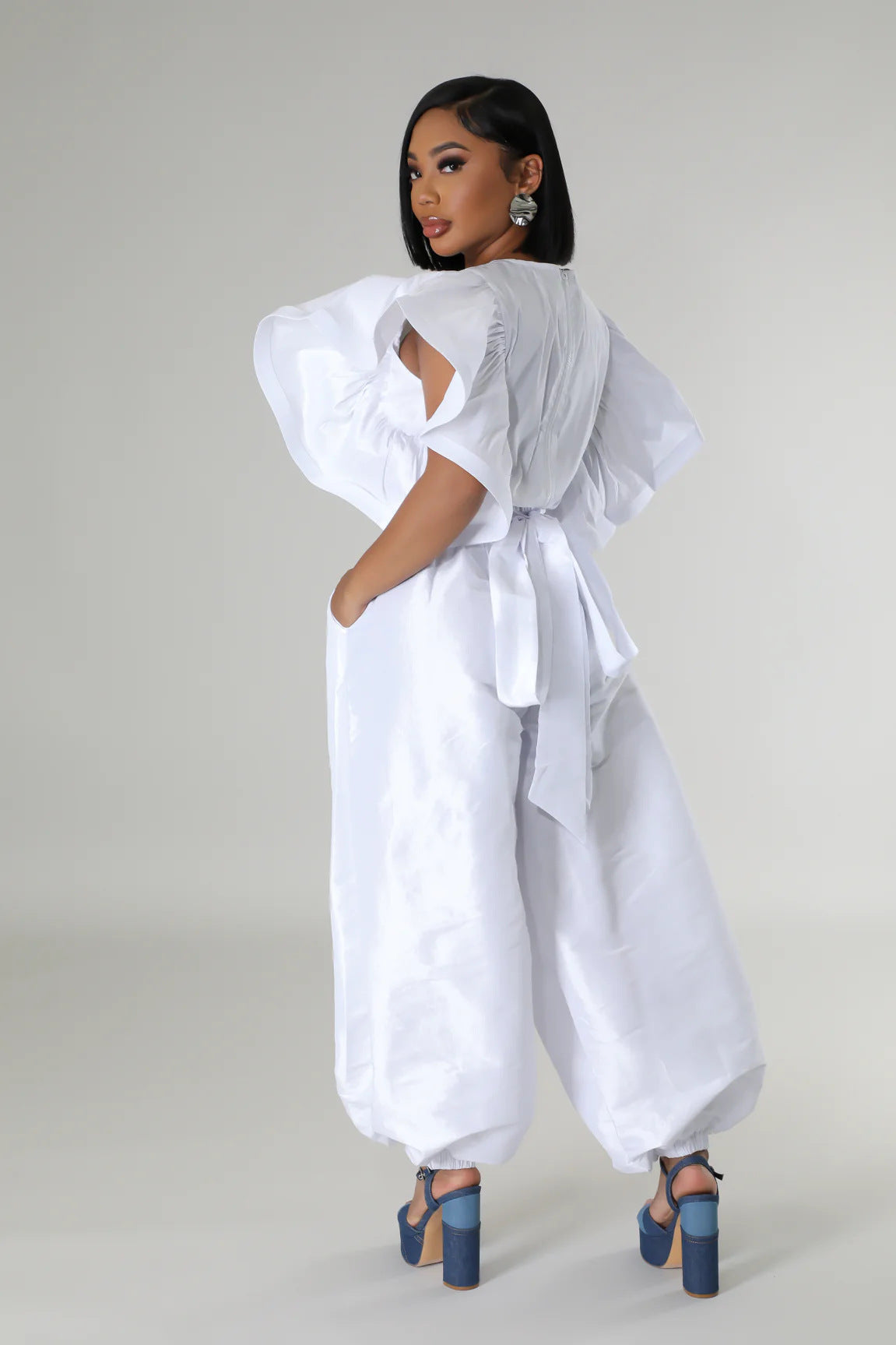 Women Ruffle Edge Sleeve Lace-Up Top and Elastic Pants Two-piece Set 11