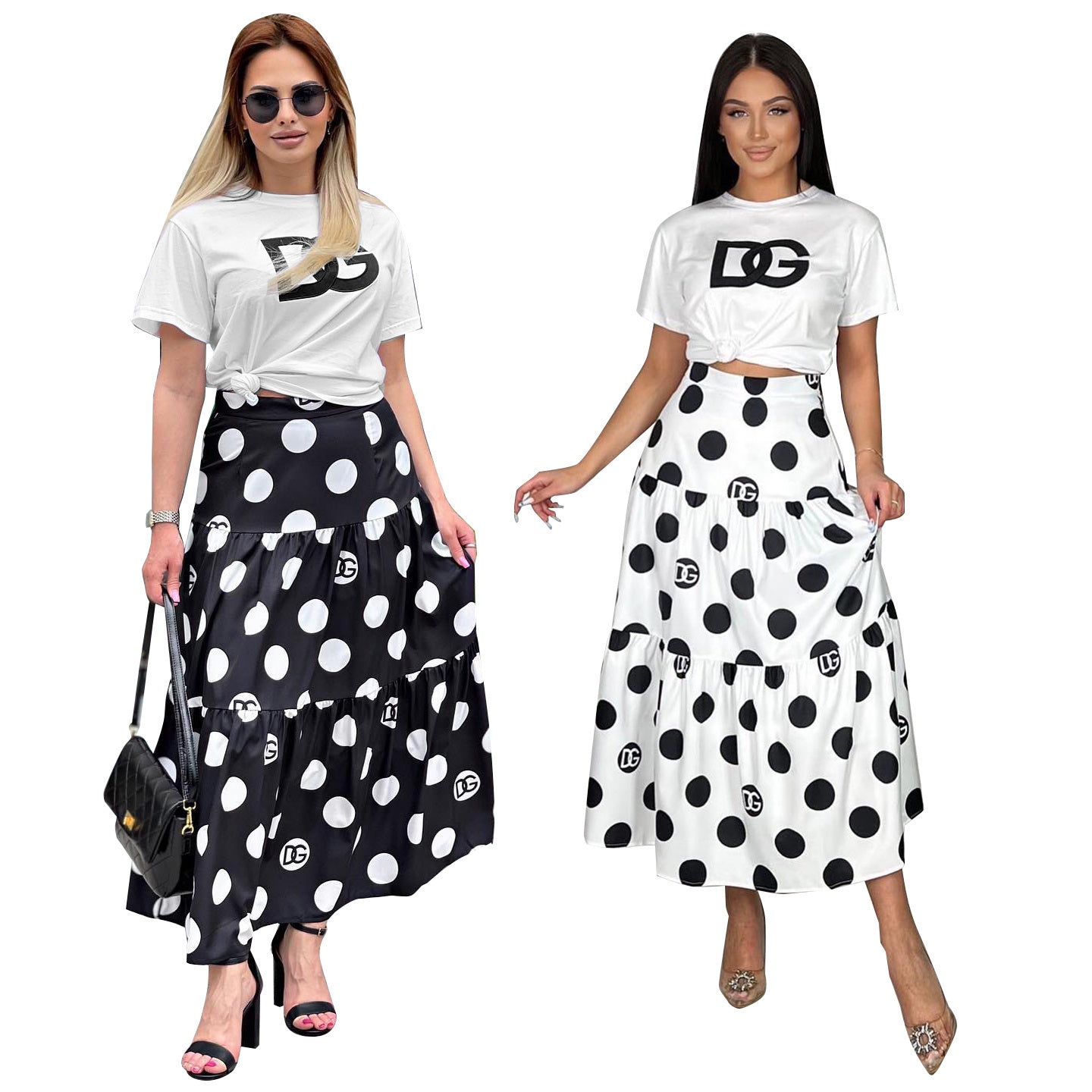 Women's Fashion Sexy Short Sleeve T-shirt Elegant Chic Print Flared Skirt Two-Piece Set 10
