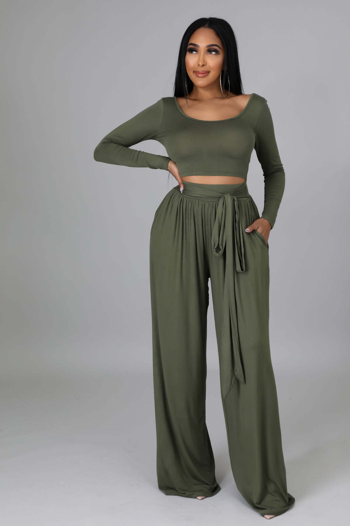 Fashion Solid Color Casual Round Neck Long-Sleeved Top Wide-Leg Trousers Two Piece Set 3