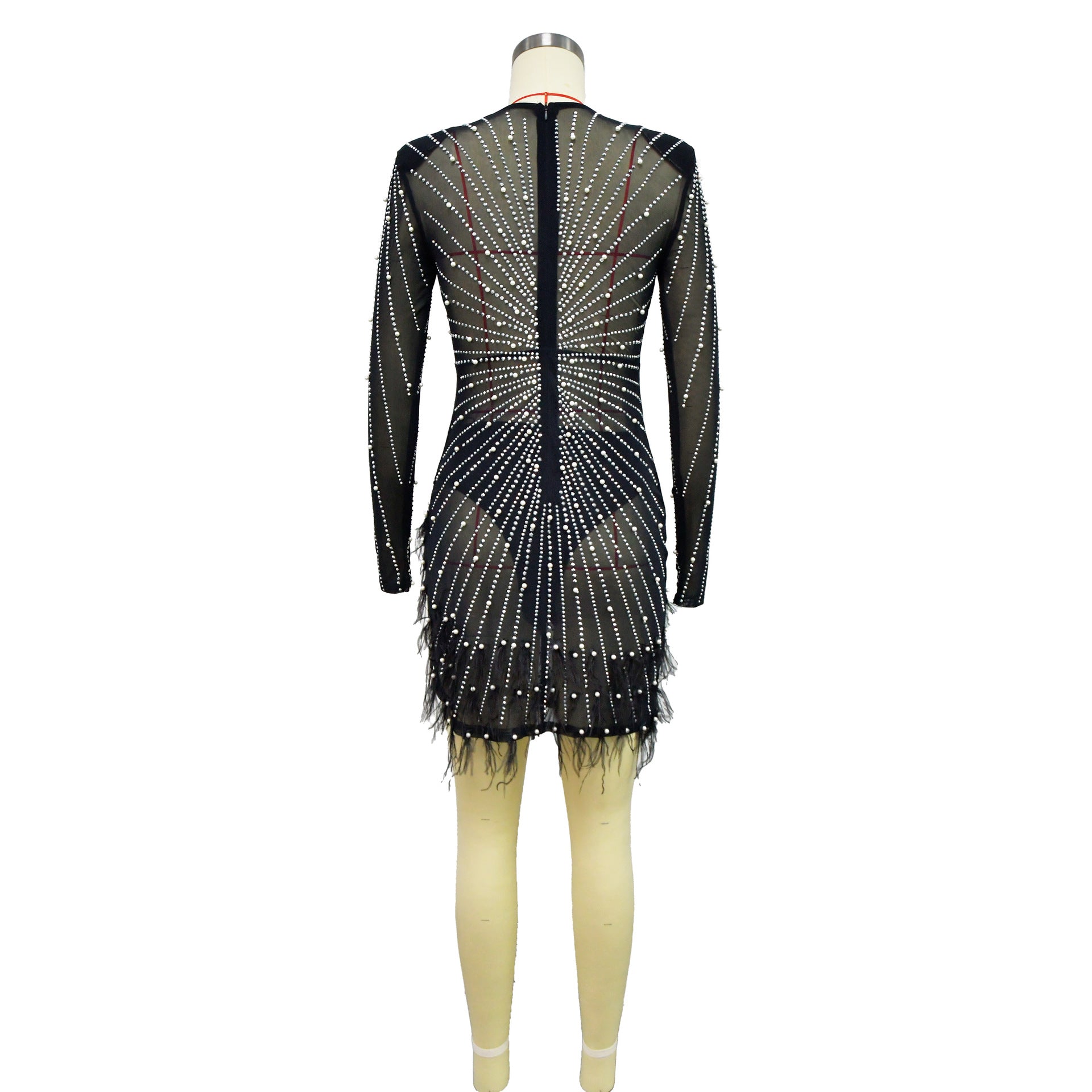 Women's Fashion Solid Color Mesh Beaded Long Sleeve Dress 17