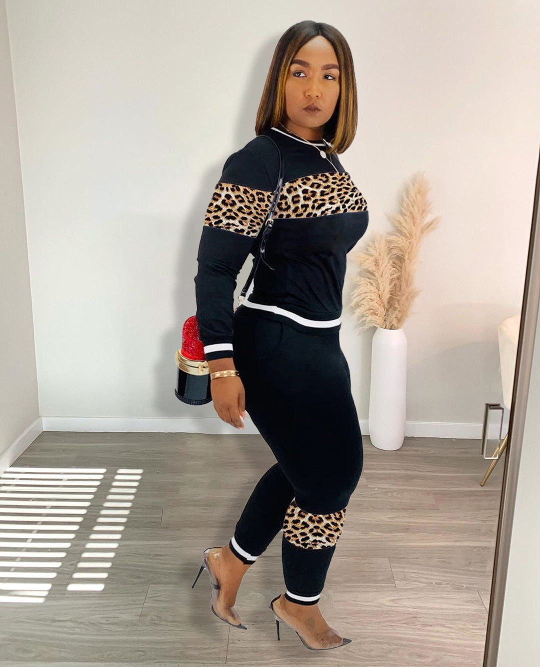 Women Fall and winter leopard print Patchwork long-sleeved top and Pant two-piece set