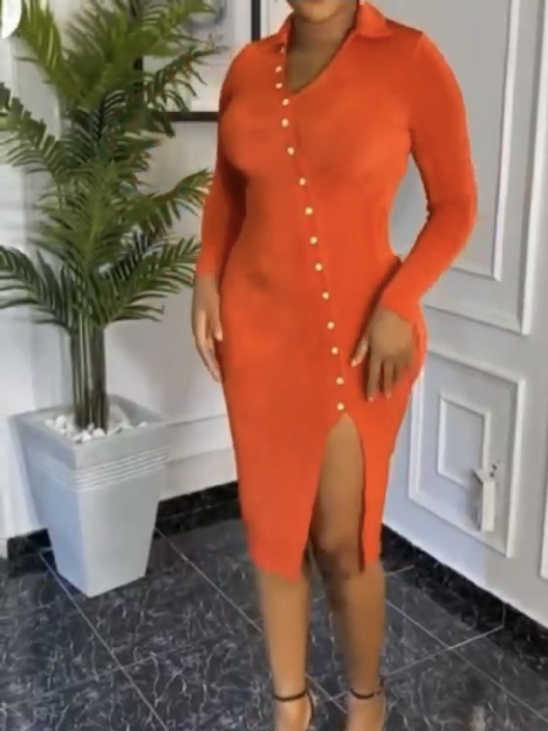 Women Turndown Collar V-Neck Sexy Slit Long Sleeve Solid Bodycon Dress 5