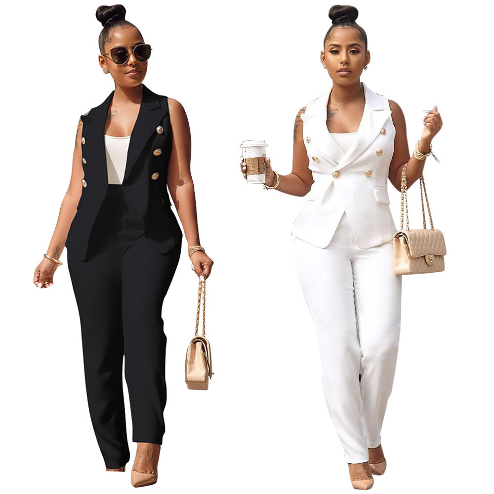 Women's Office Two Piece Vest Blazer and Pants Career Suit Summer