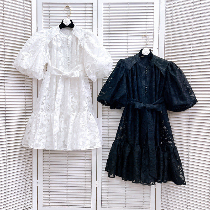 Women Round Neck Vintage Jacquard Puff Sleeve Casual Belt Dress 8