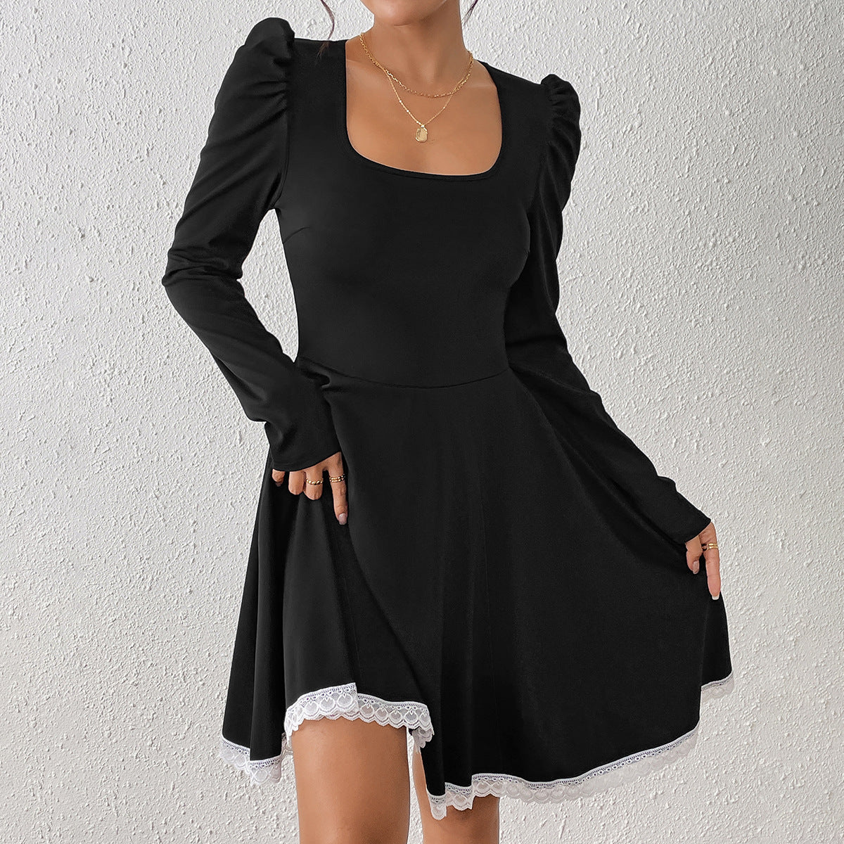 Chic Square Collar Long Sleeve Women Lace Patchwork Slim Waist A-Line Dress 3