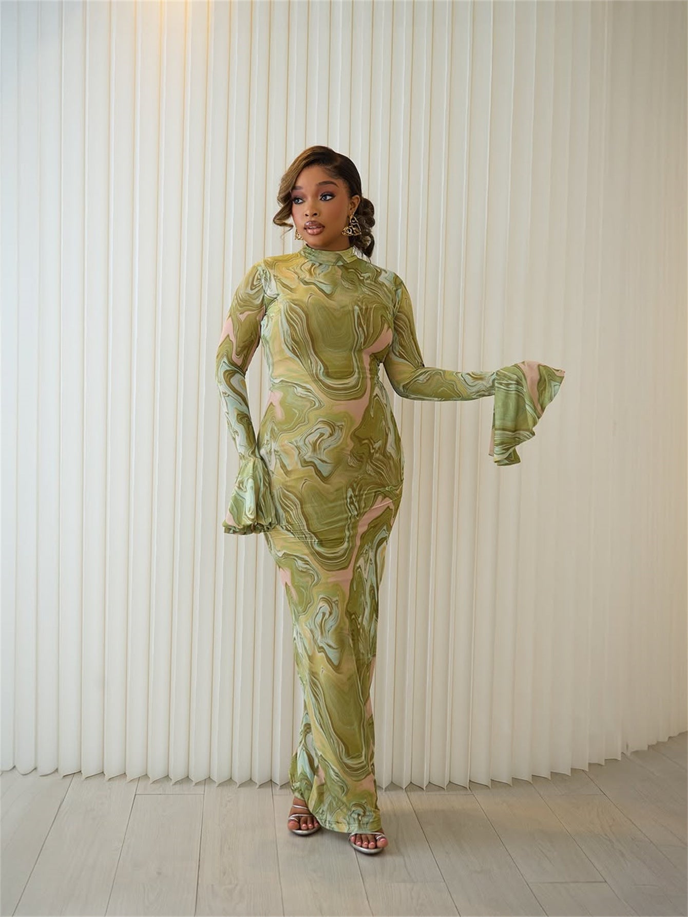 Print Mesh Bell Sleeve See-Through Dress 10