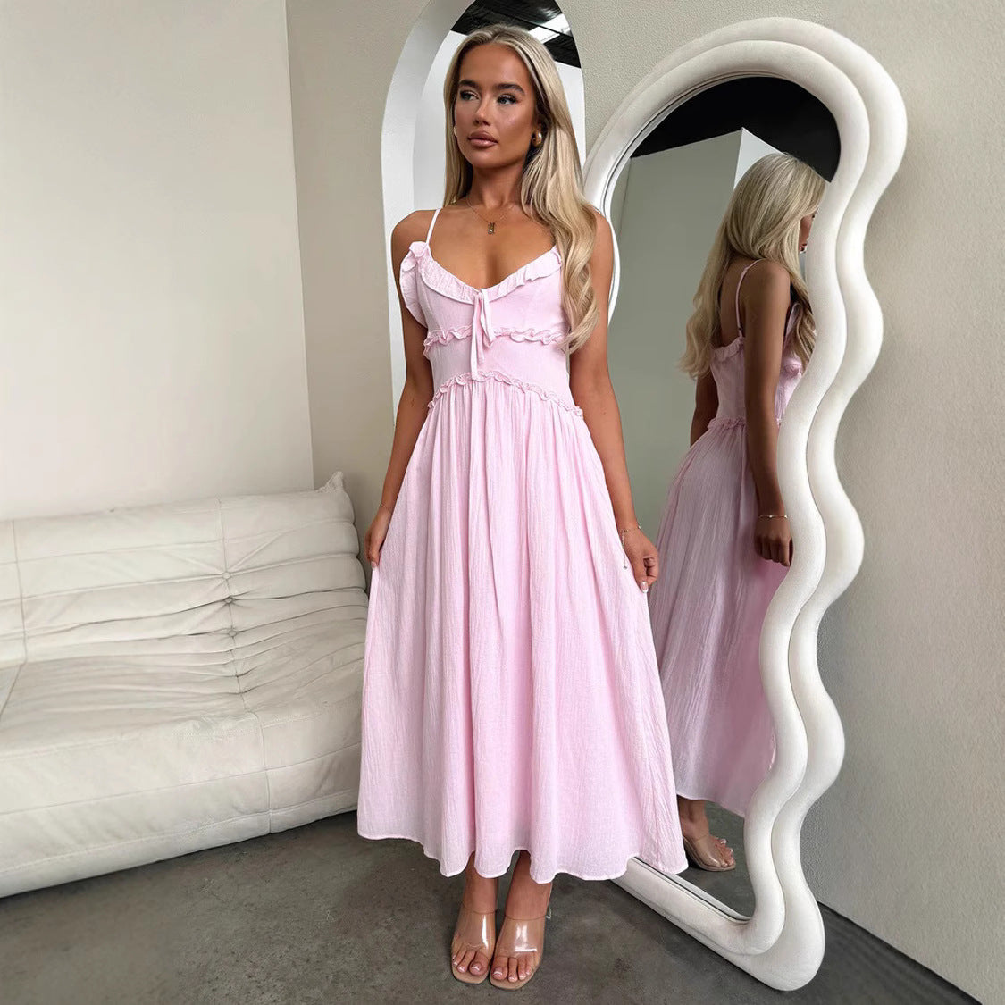 Spring Summer Women Strap Ruffle Casual Loose Holidays Dress 4