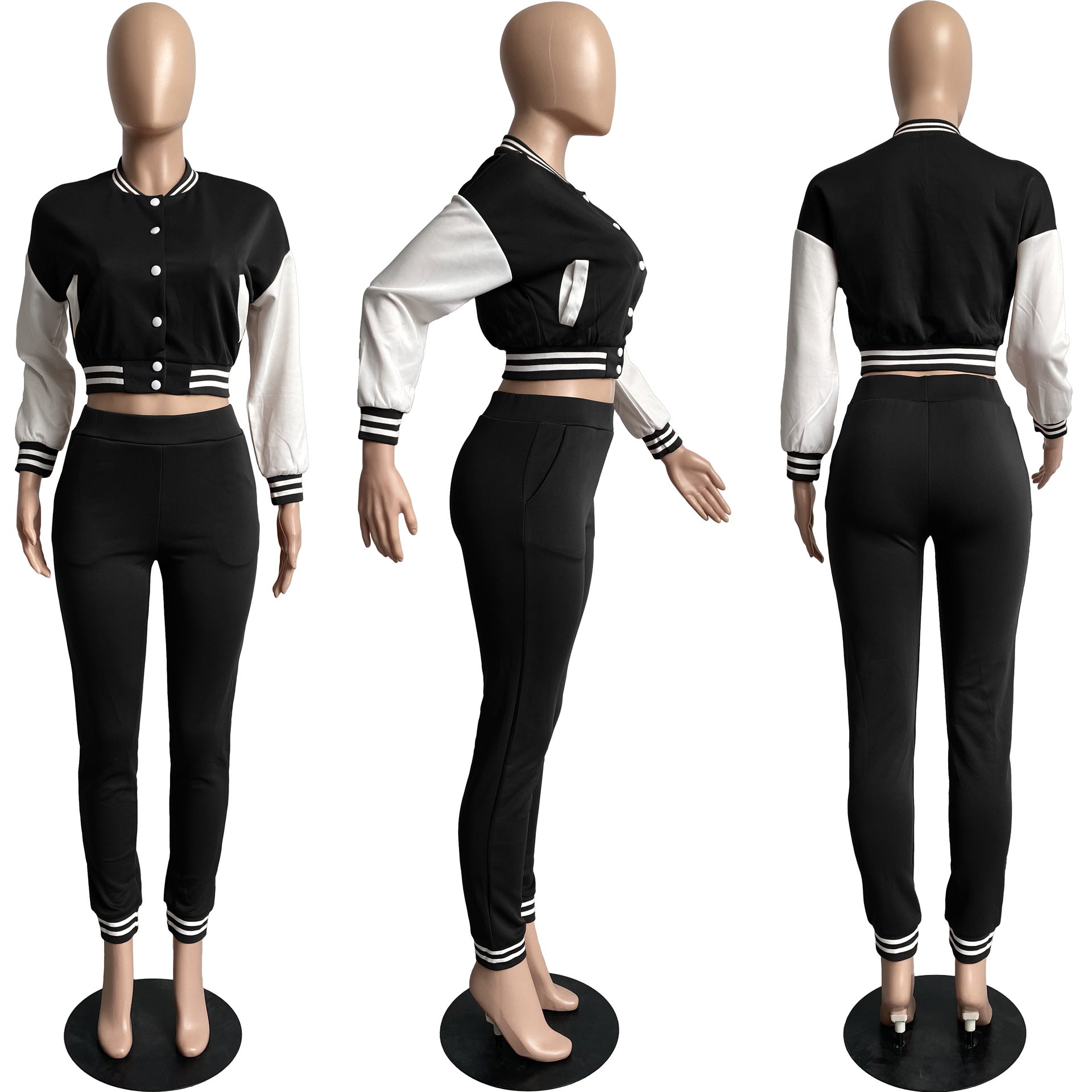 Women's Color Block Single Breasted Patchwork Long Sleeve Baseball Jersey Pants Two Piece Set For Women 25