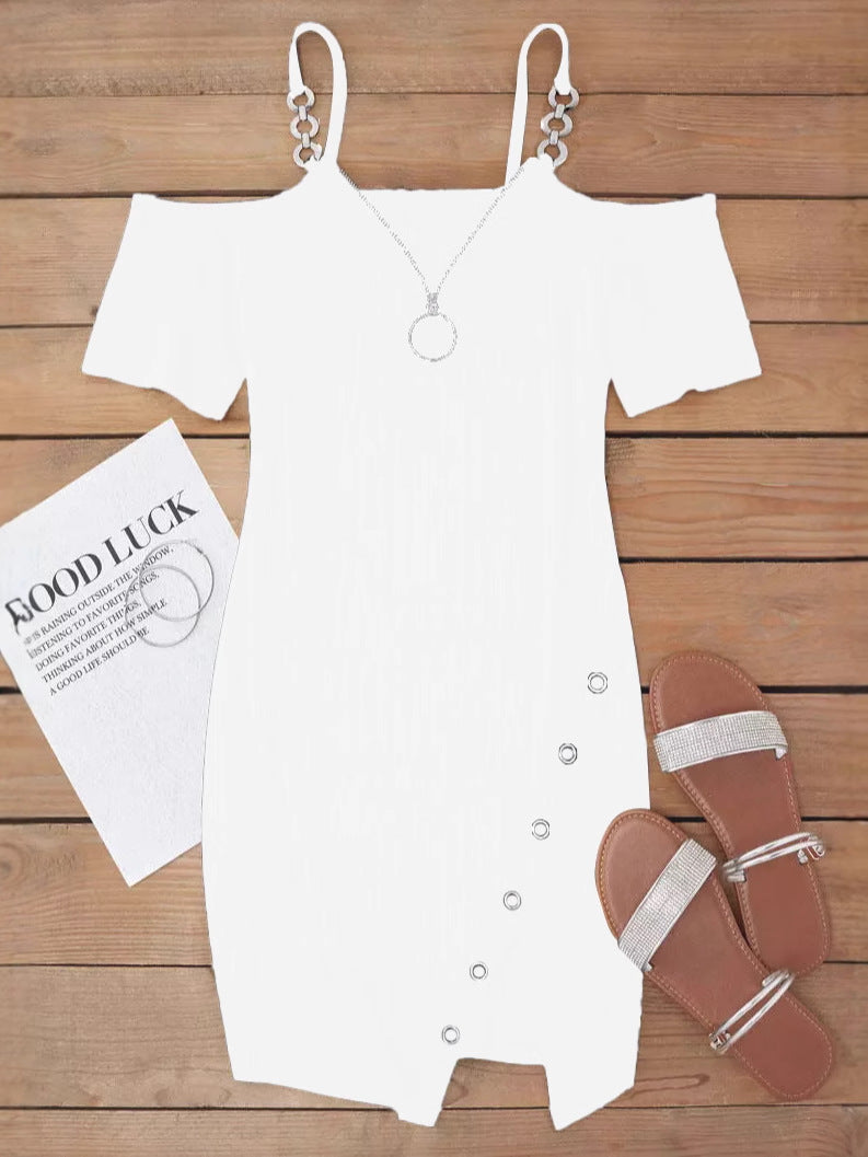 Women Fall and Winter V-neck Short Sleeve Solid Metal Slit Dress 9