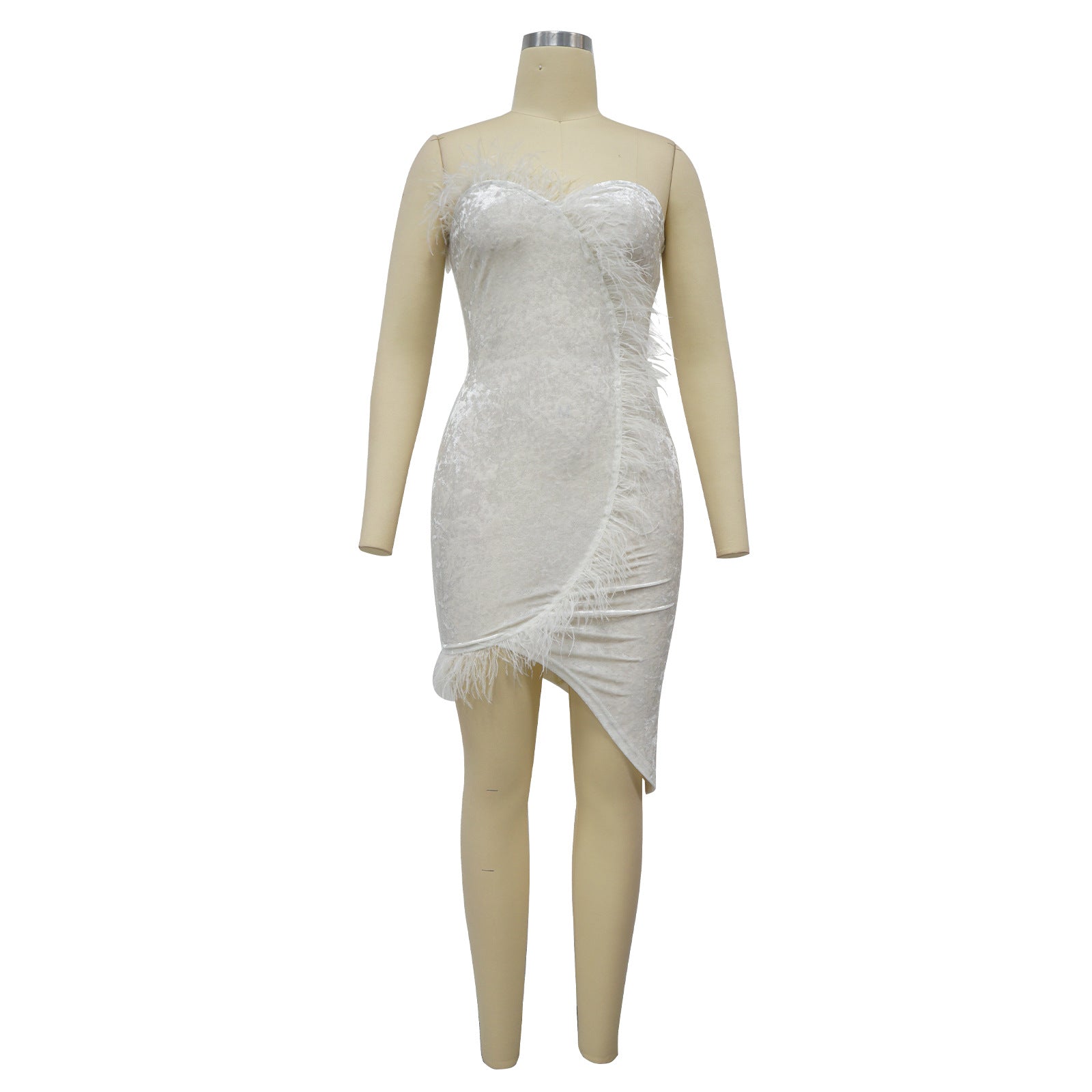 Women's Autumn Winter Feather Velvet Slim Bodycon Dress With Gloves 14