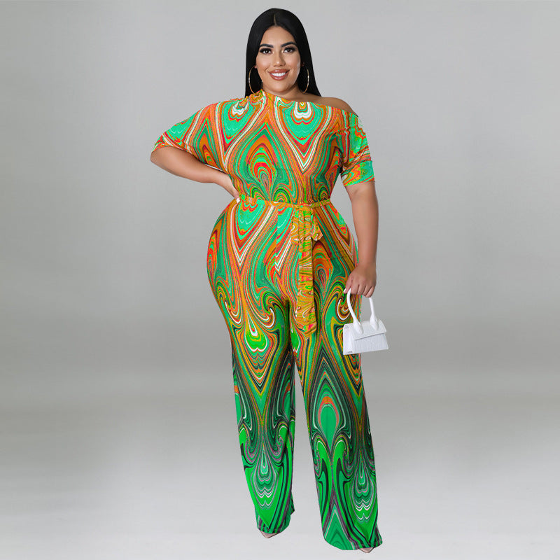 Plus Size Women's Summer Slash Shoulder Print Short Sleeve Wide Leg Jumpsuit 3