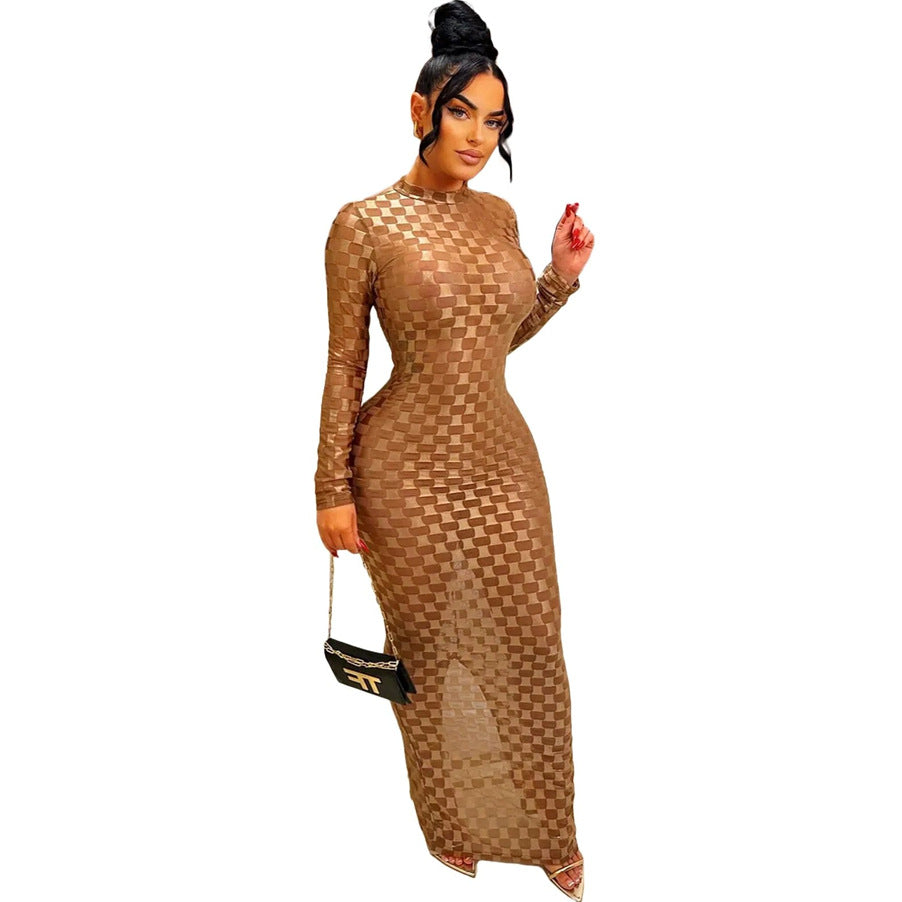 Women's Fashion Mesh Round Neck Slim Fit Long Dress 25