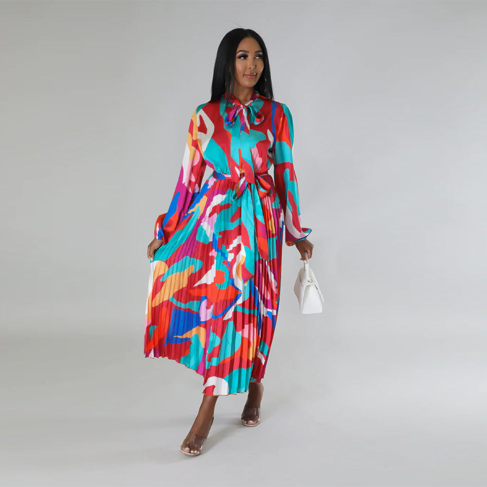 Women's Tie Long Sleeve Printed Pleated Dress 3