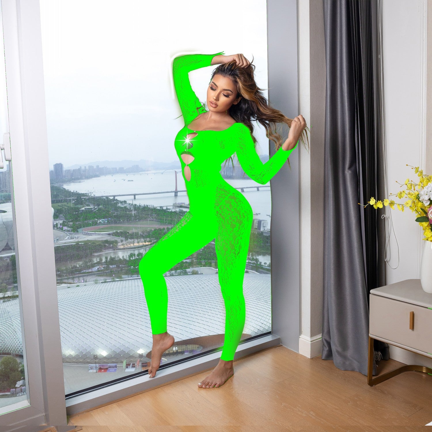 Sexy Siamese Beaded Leopard Net Sexy Tight Fitting Long-Sleeved Jumpsuit 3