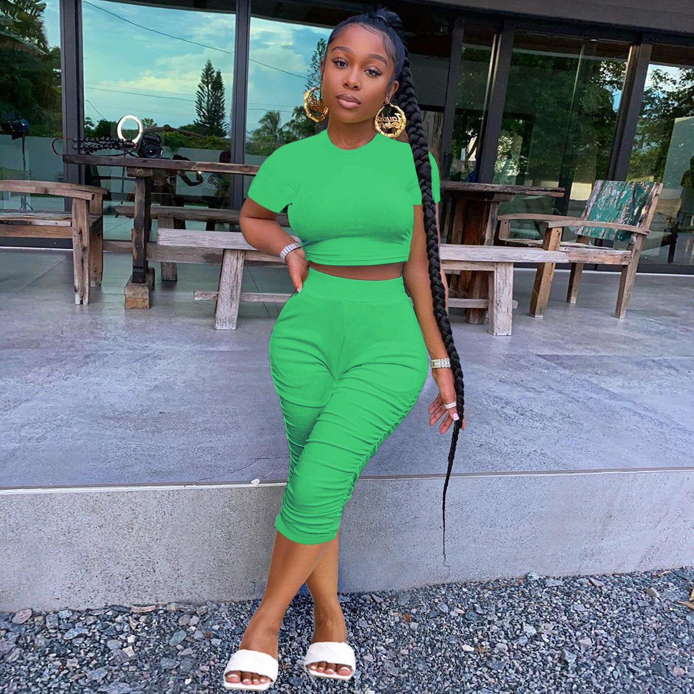 Summer Women's Solid Color Tight Fitting Cropped Short Sleeve T-Shirt Women's Pleated Two Piece Set 10