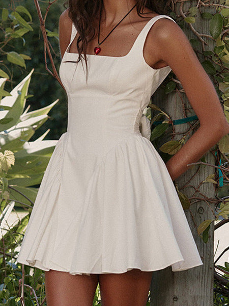 Spring Summer Women's Solid Color Strap Low Back Lace-Up Bow Tie A-Line Mini Dress 7