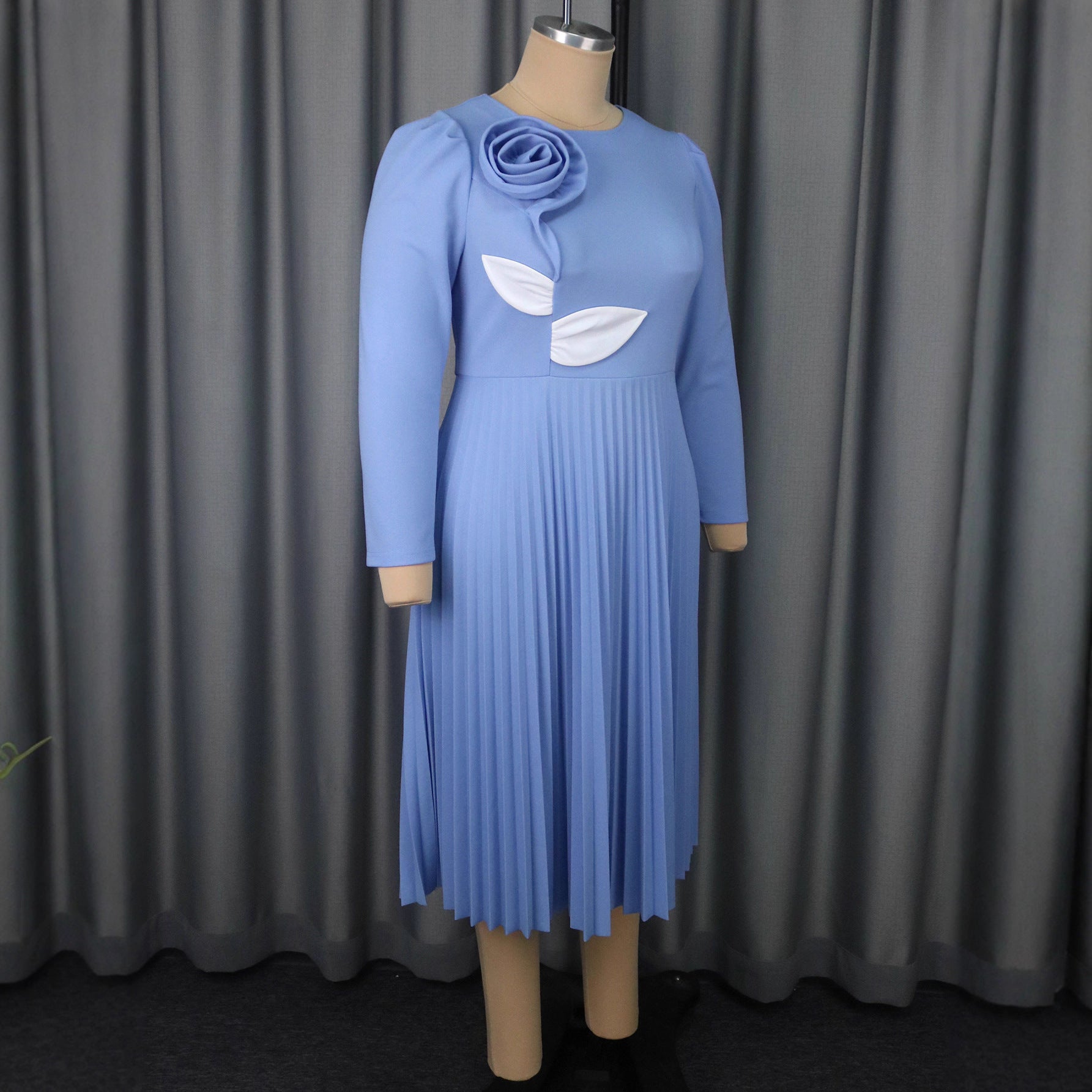 Autumn Elegant Round Neck Long Sleeve Dress Floral Color Block Leaf Pleated Formal Party Dress 4