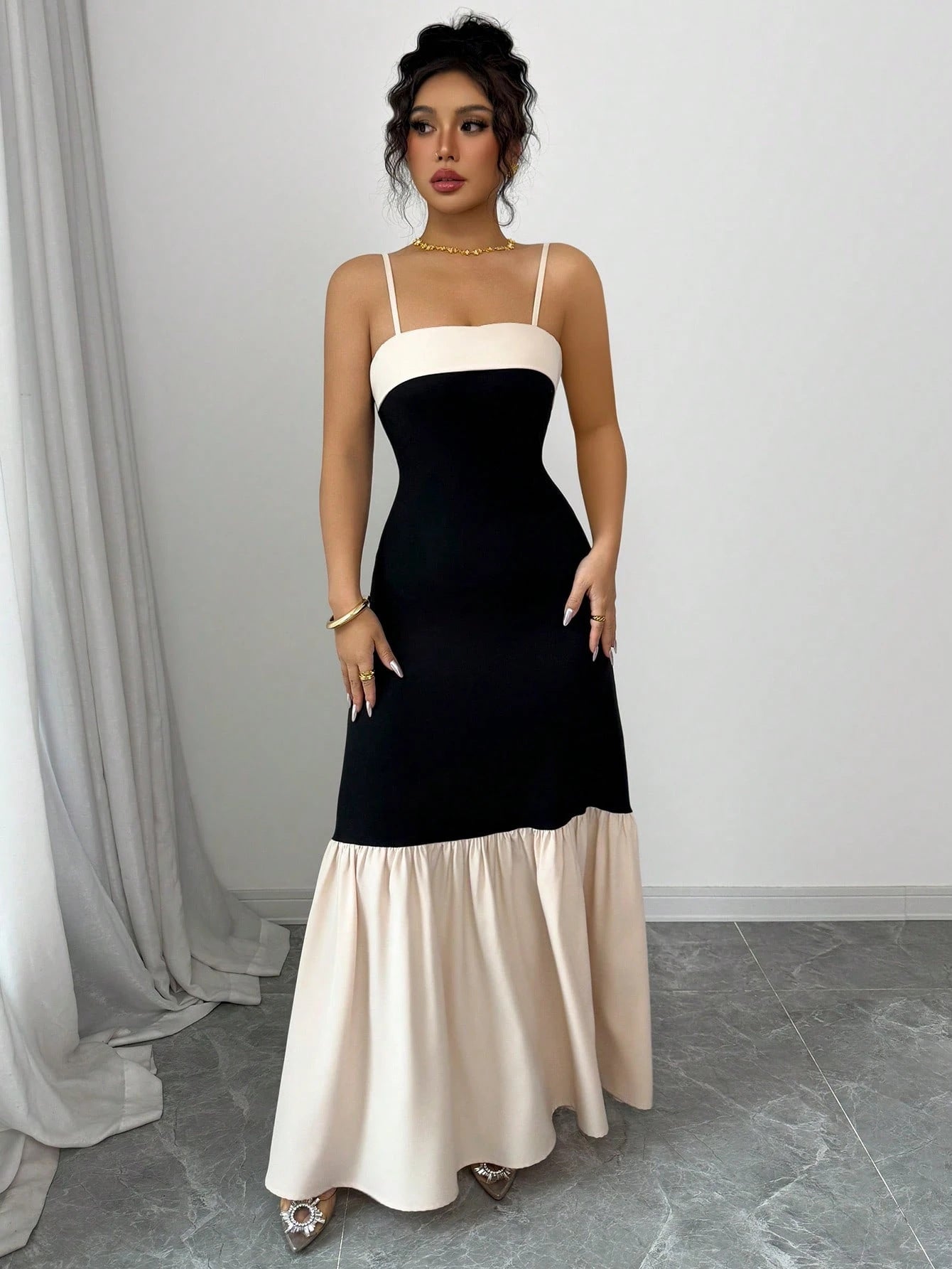 Women Suspender Contrast Patchwork Pleated Dress 5