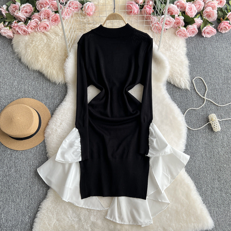 Women French knitting irregular contrasting Patchwork sweater dress 5