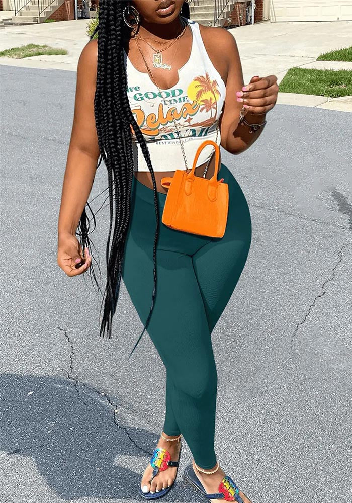 Women's Sexy Fashion Printed Vest Solid Pants Two Piece Set