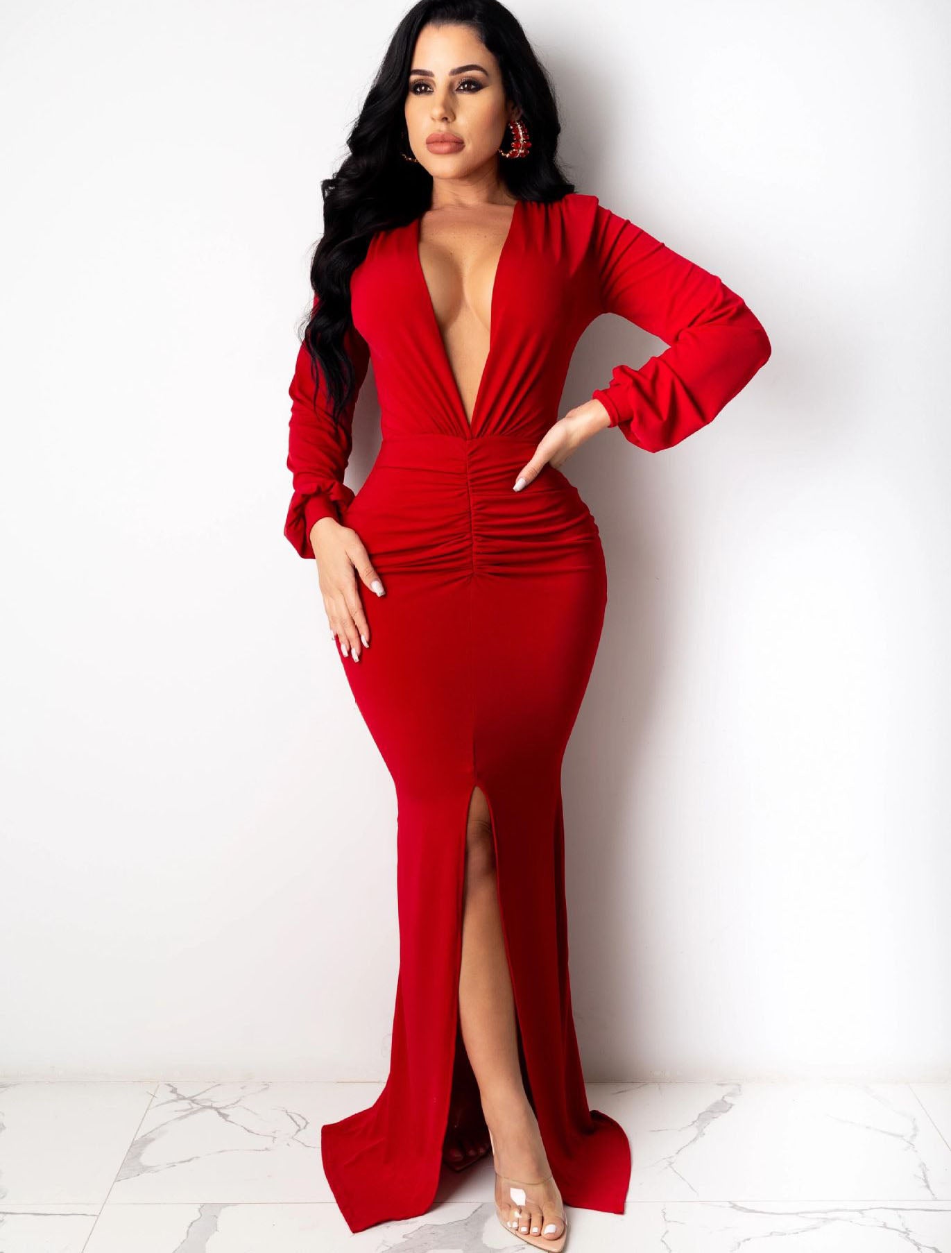 Spring Long Sleeve Deep-V Front Slit Mermaid Red Evening Dress