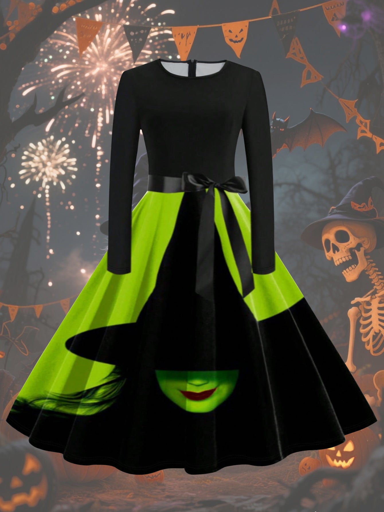 Women Halloween Witch Long-Sleeved Round Neck Dress 13