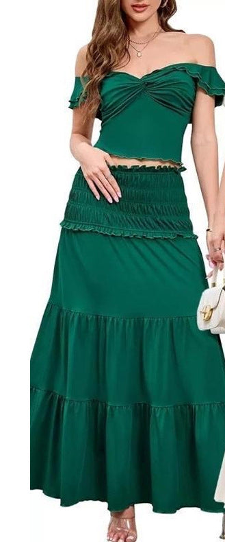 Women Summer Sexy Crop Tank Top and French Pleated Skirt Two-Piece Set