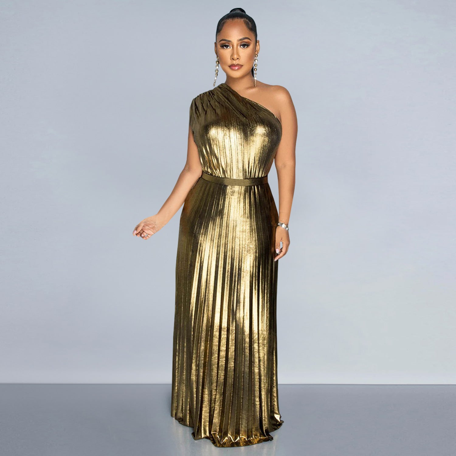 Women Elegant Shiny Slash Shoulder Sleeveless Solid Dress 3