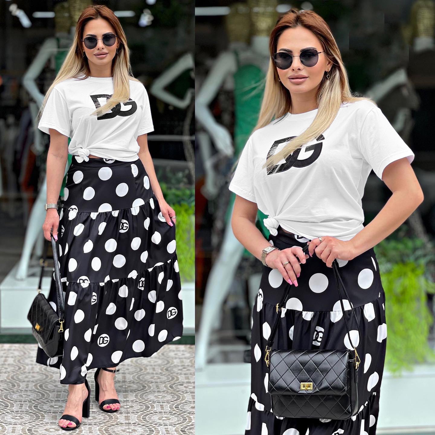 Women's Fashion Sexy Short Sleeve T-shirt Elegant Chic Print Flared Skirt Two-Piece Set 5