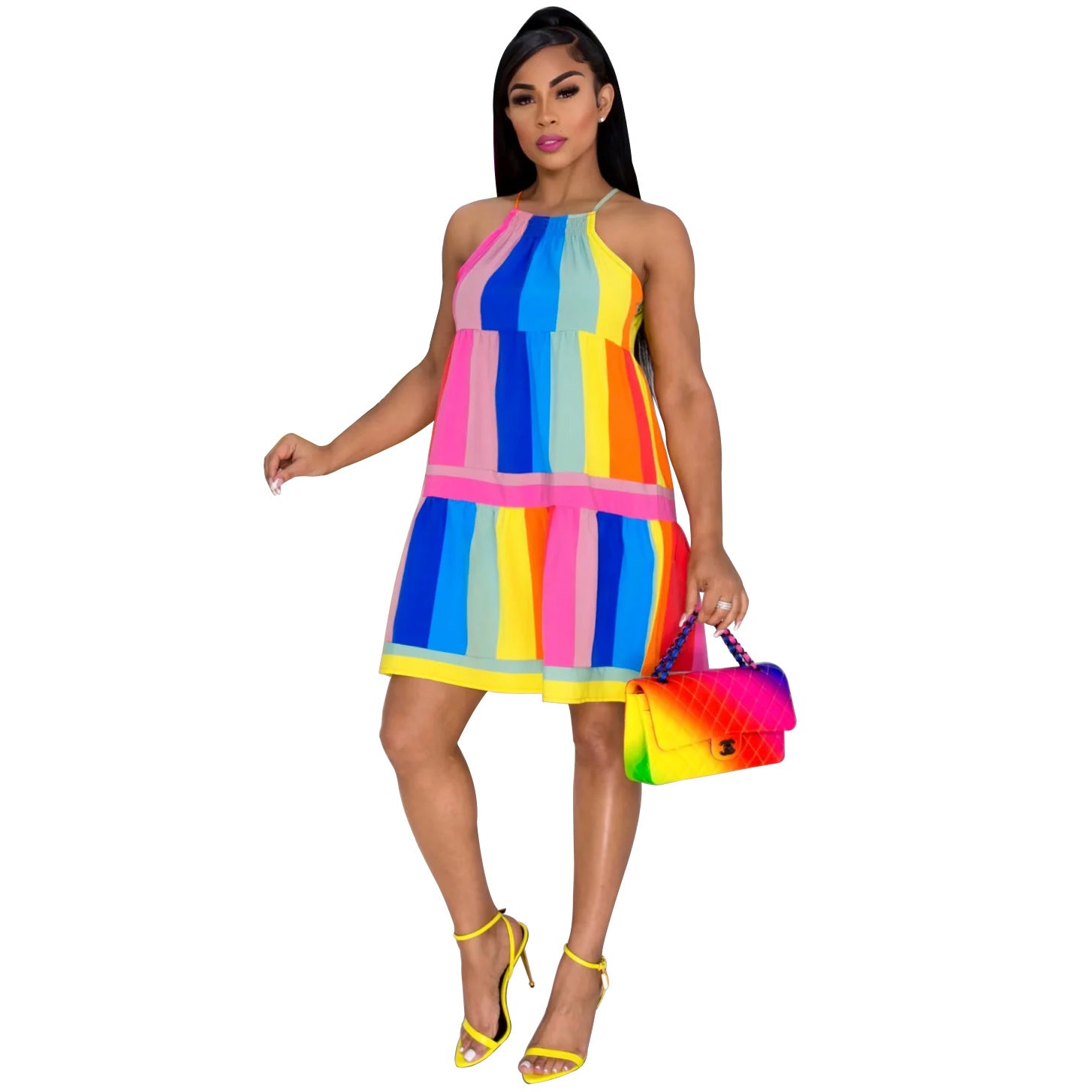 Rainbow Stripe Fashion Straps Casual Dress Color Block Patchwork Sexy Dress For Women 5