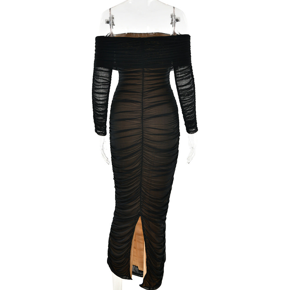Women Autumn Bodycon Sexy Mesh Off Shoulder Gathered Dress 20