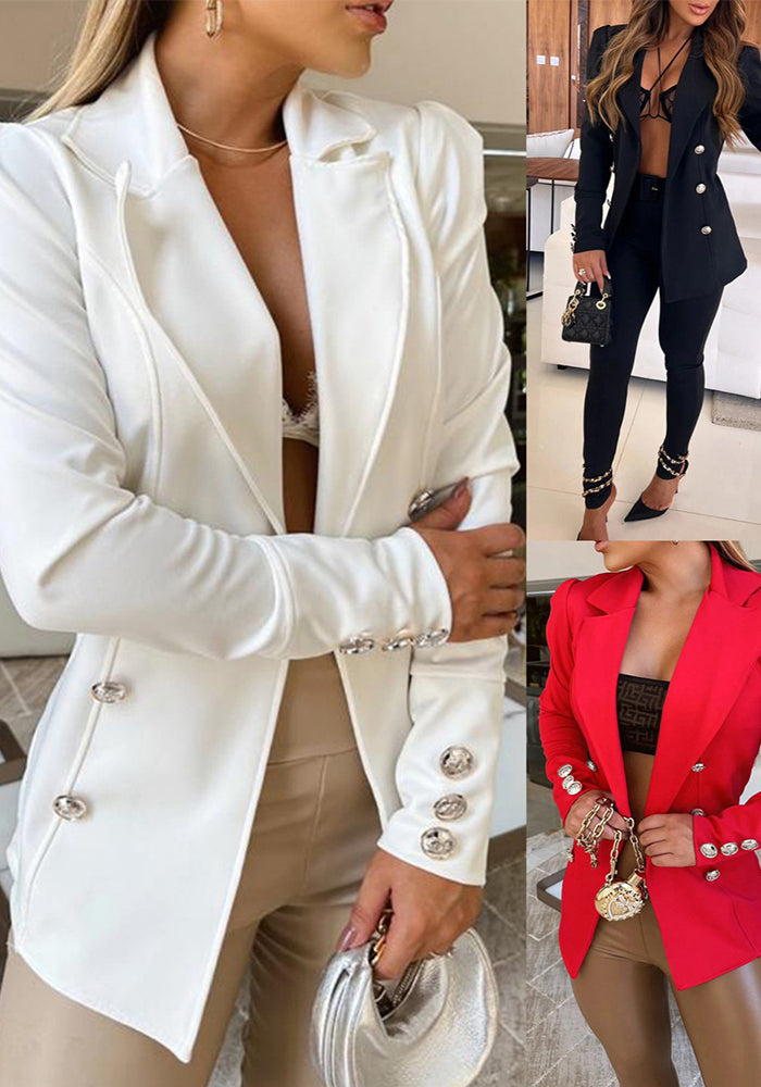 Autumn Winter Women's Turndown Collar Long Sleeve Slim Waist Blazer Jacket